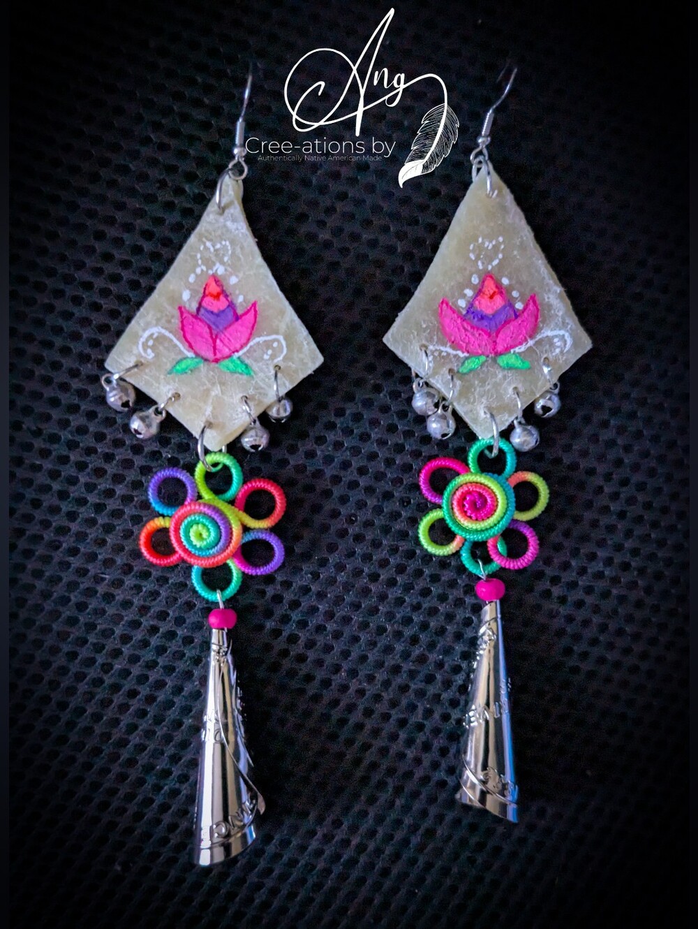 Indigenous Created Neon Floral Rawhide Jingle Cone Earrings